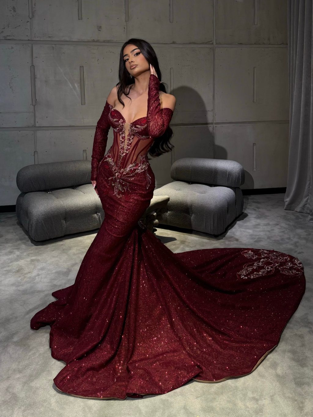 Isolde - Burgundy Beaded Couture Mermaid Gown