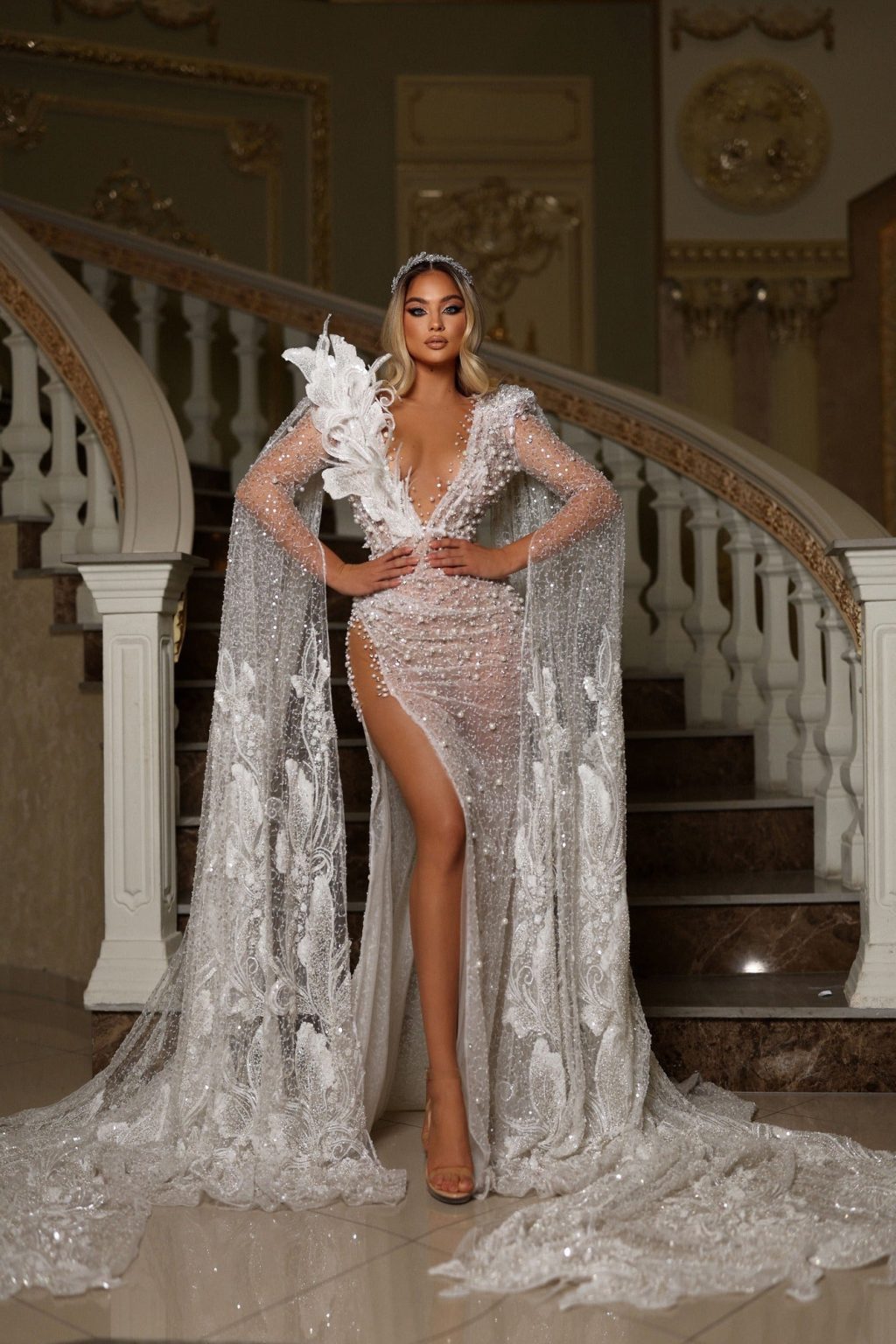 Cape Sleeves Beaded Bridal Dress