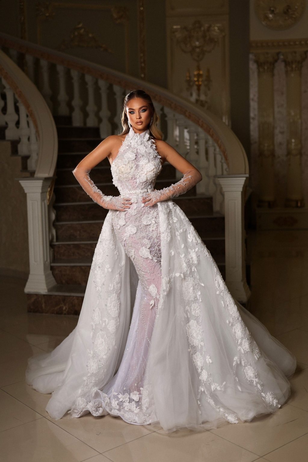 Halter Bridal Gown with Detachable Overskirt & Veil