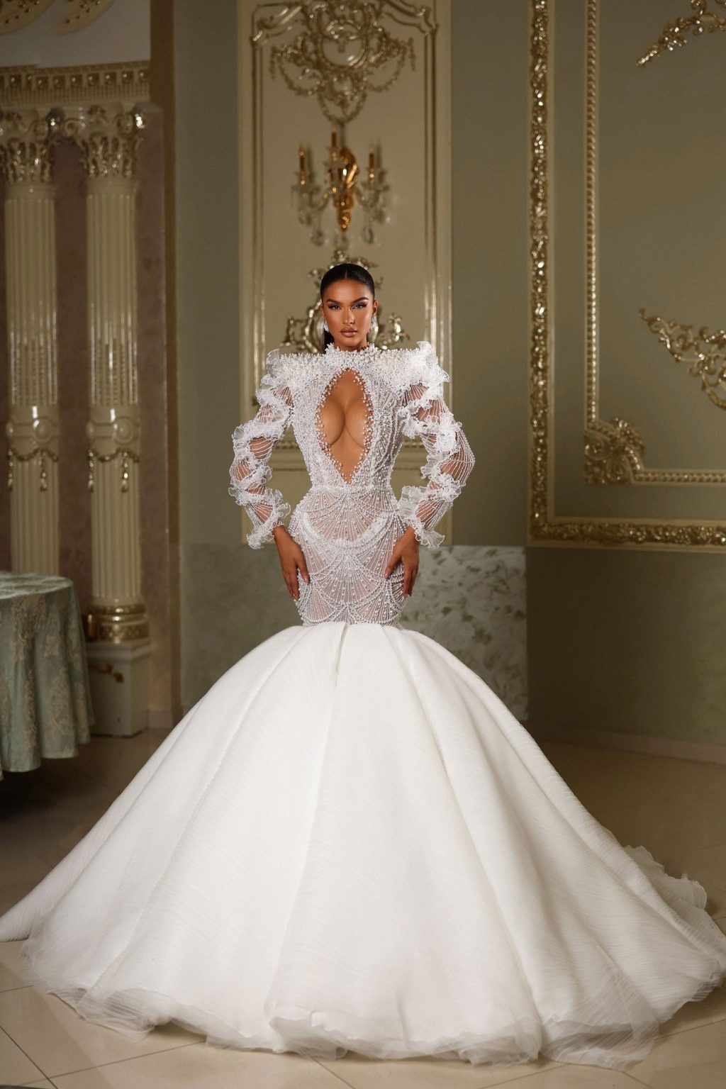 Pearl Embroidered Mermaid Gown with Open Chest & Back