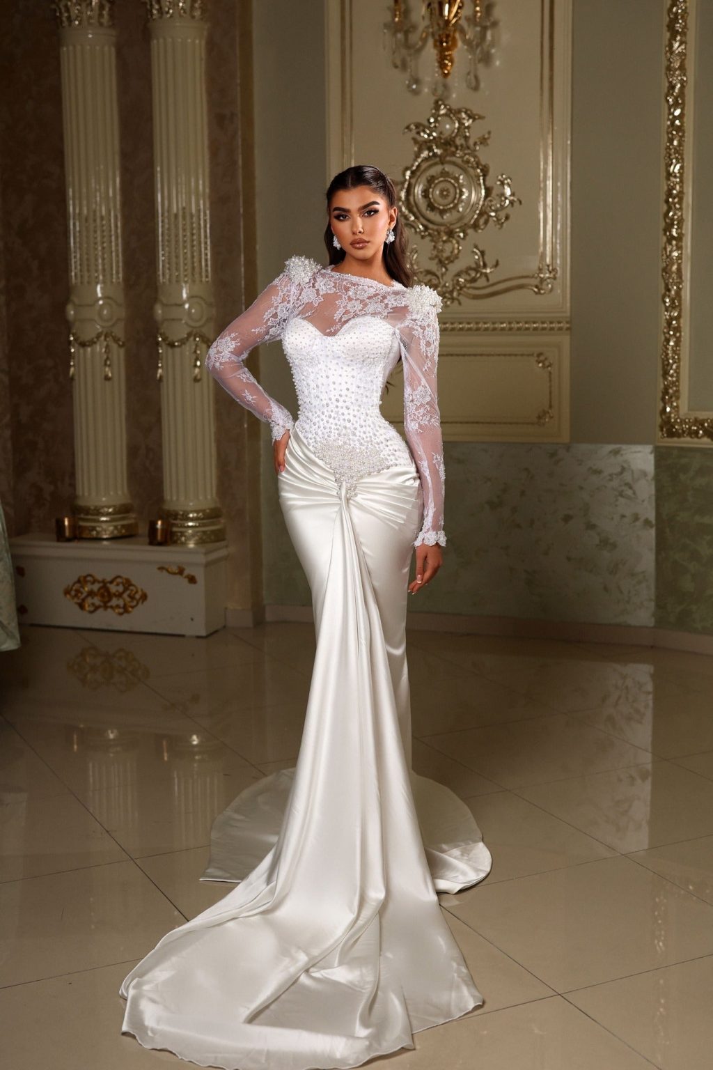 Lace Sleeved Pearl Embroidered Satin Dress