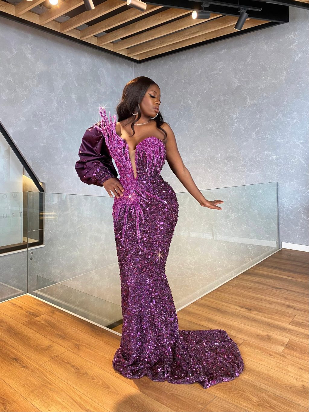 One Shoulder Embellished Violet Evening Dress