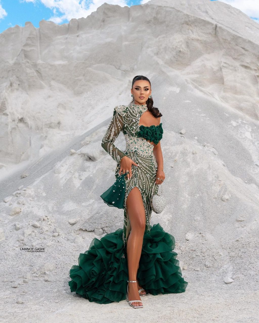 One Sleeve Green Embellished Dress with Tulle Train