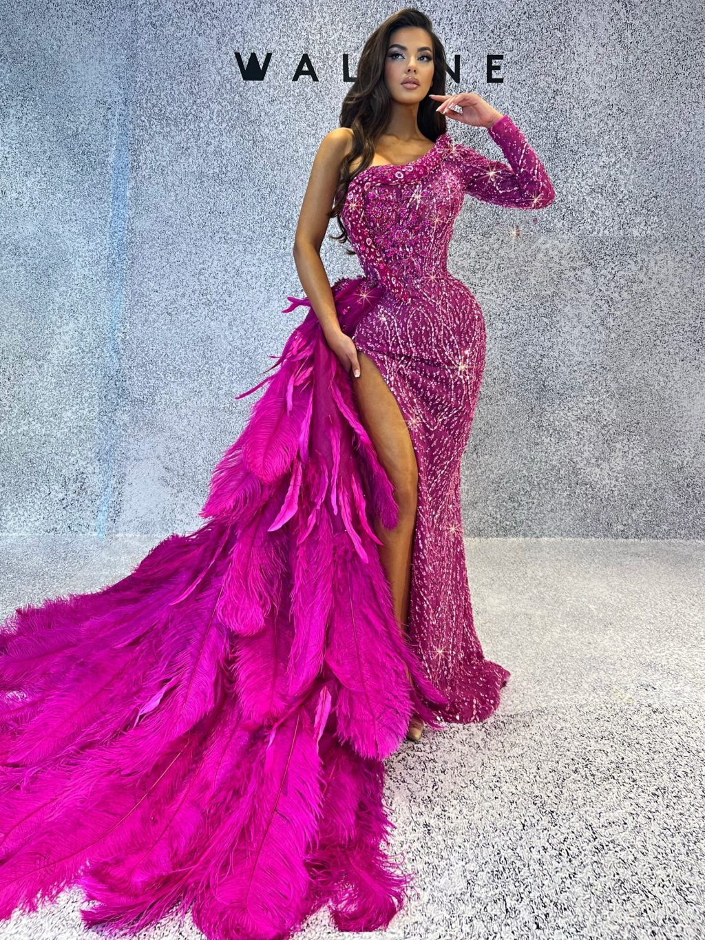 One Shoulder Hot Pink Gown with Feathered Tail