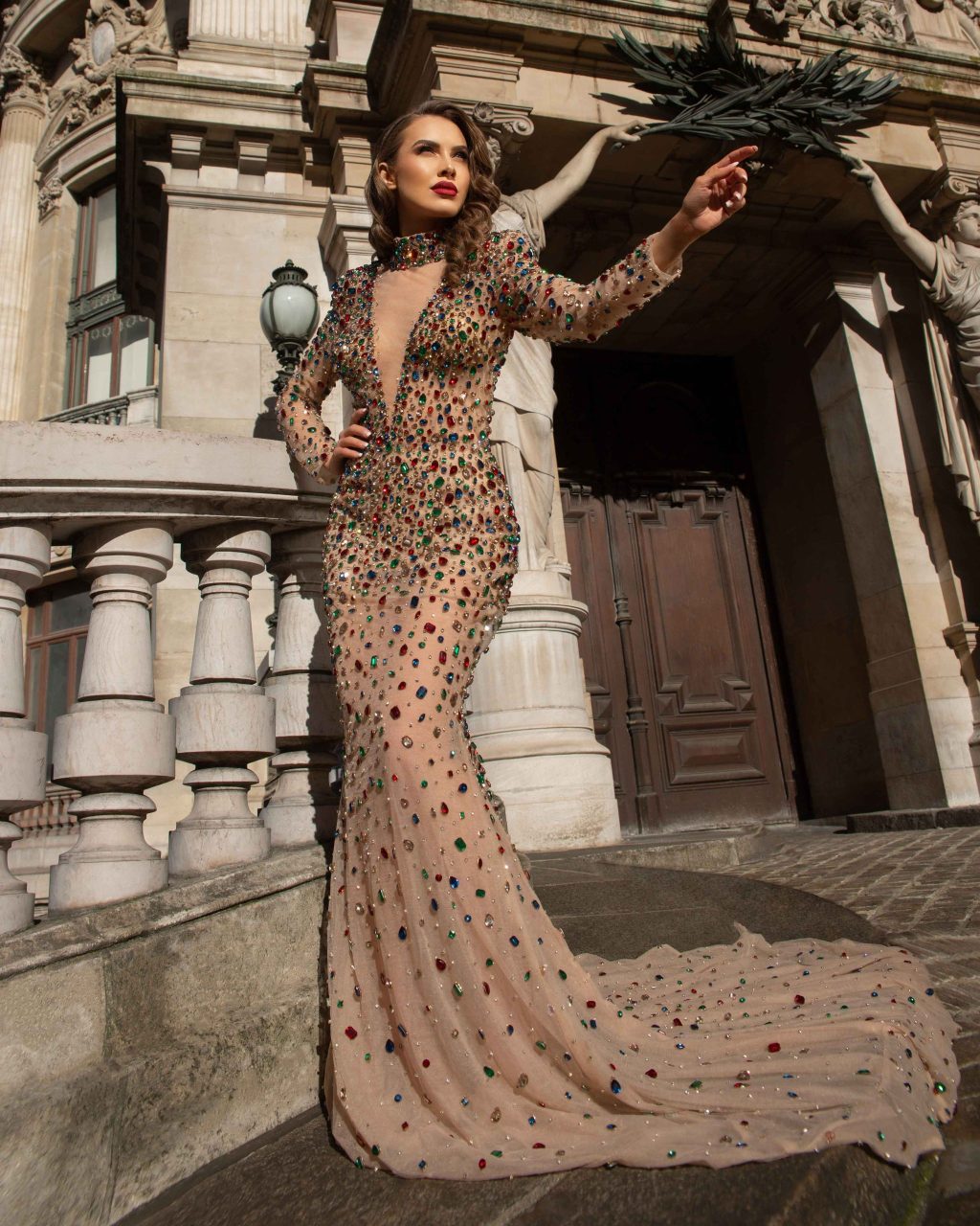 Long High Neck Brown Evening Gown