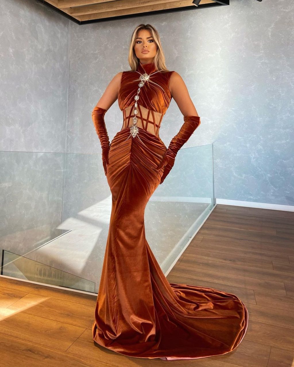 Long Rose Wood High Neck Dress