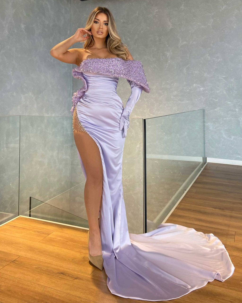 One Shoulder Satin Evening Dress