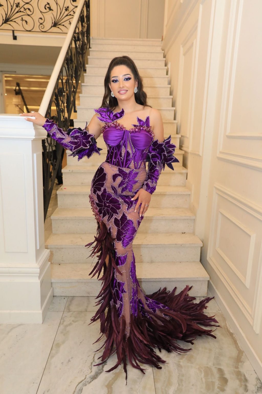 Purple Feathered Dress with Side Slit