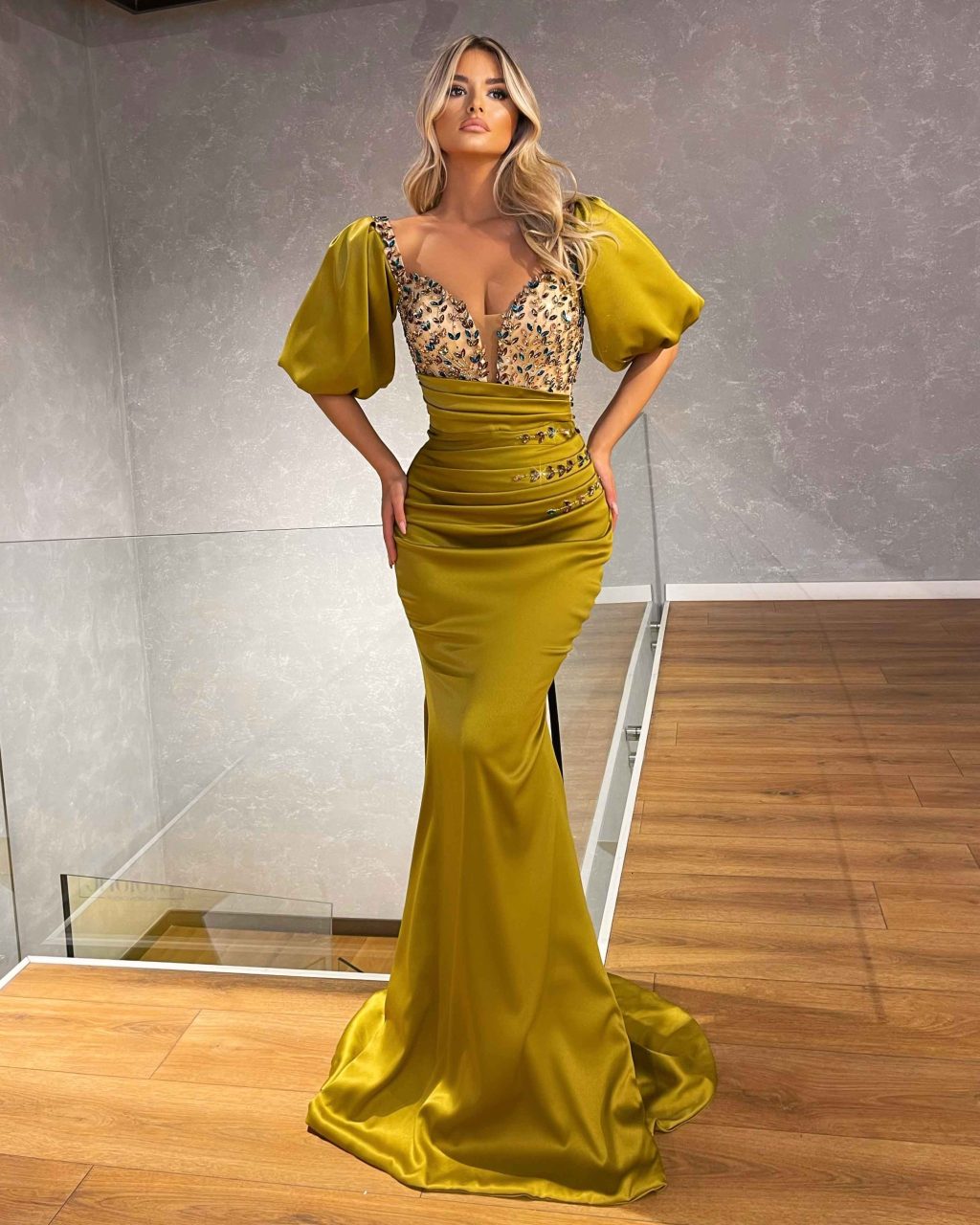 Short Sleeve Mustard Evening Dress