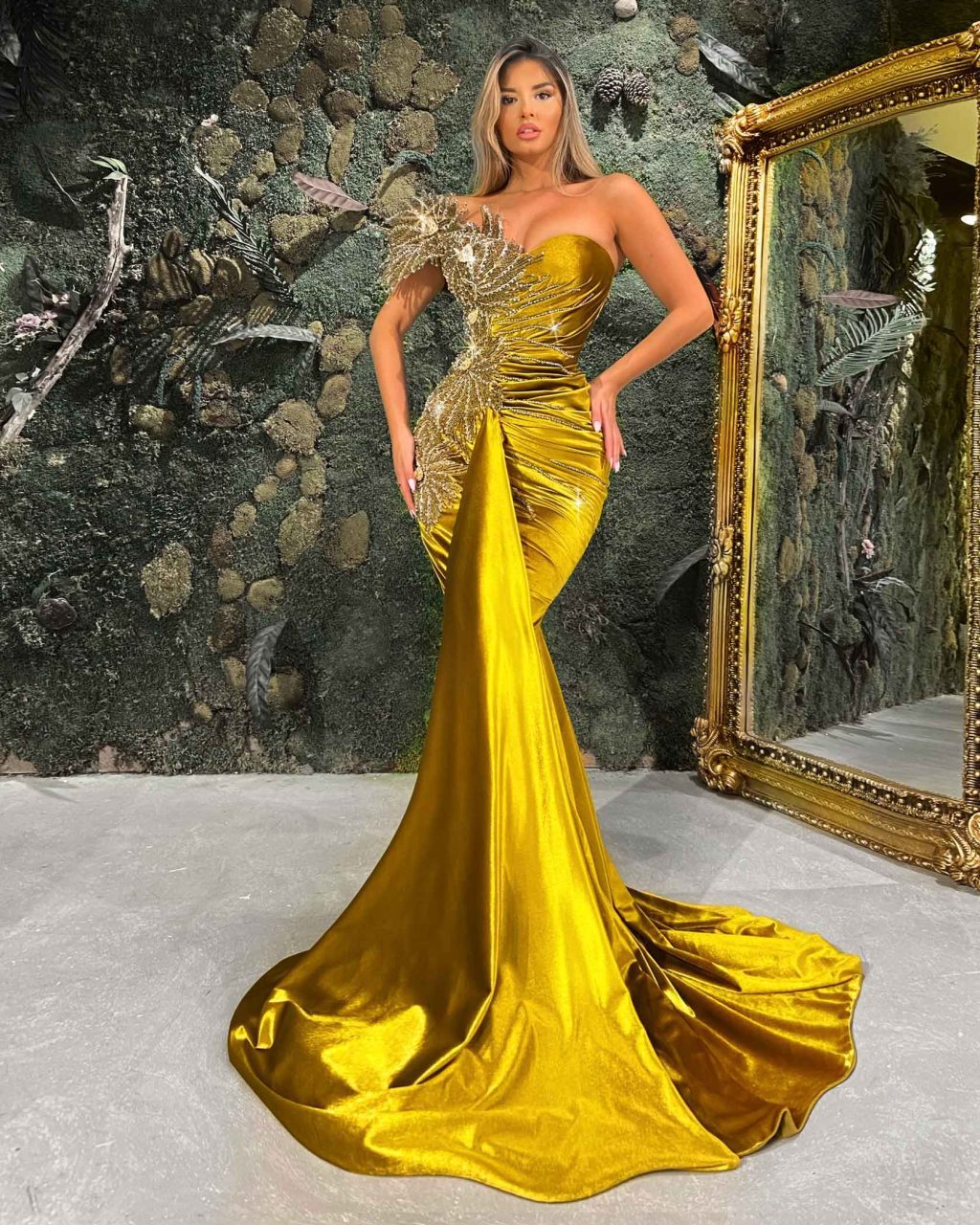 Strapless Orange Gold Velvet Dress