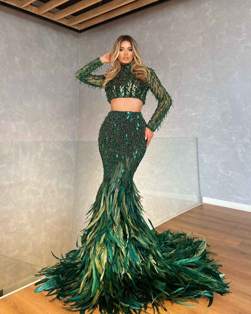 Two-Piece Feather Green Embellished Set