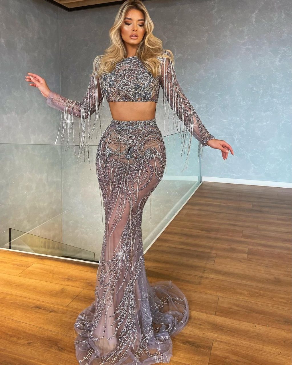 Two-Piece Silver Embellished Fringe Set