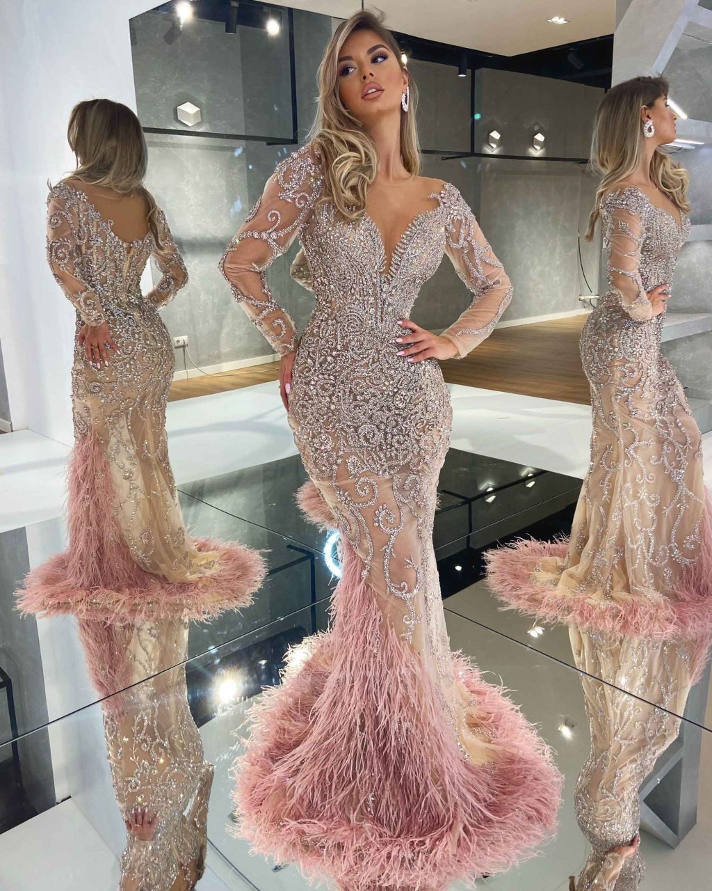 V-Neck Long Silver and Rose Pink Dress