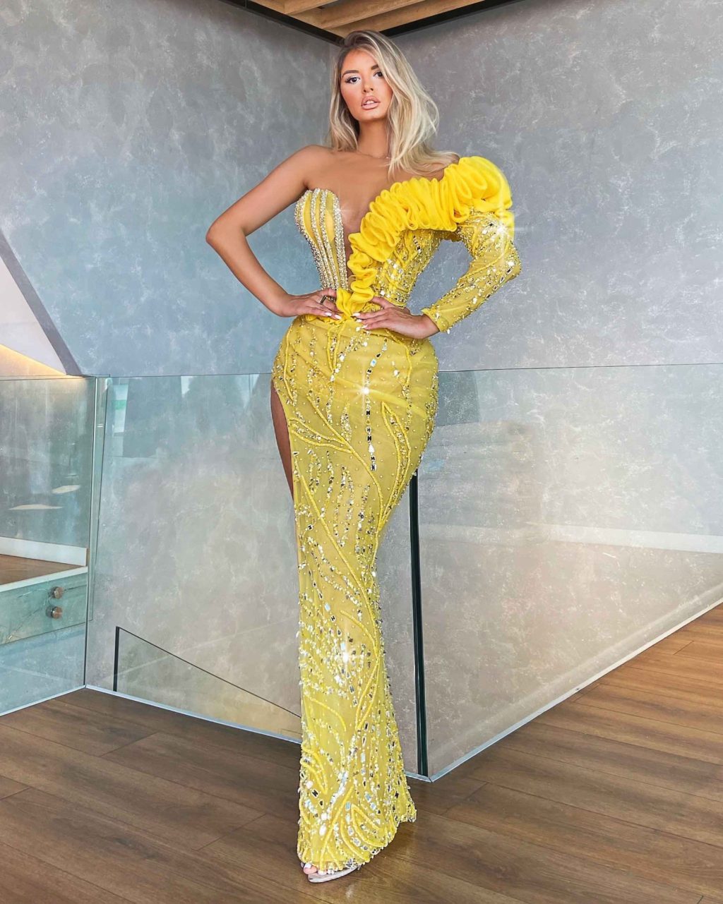One Shoulder Ruffled Yellow Embellished Dress