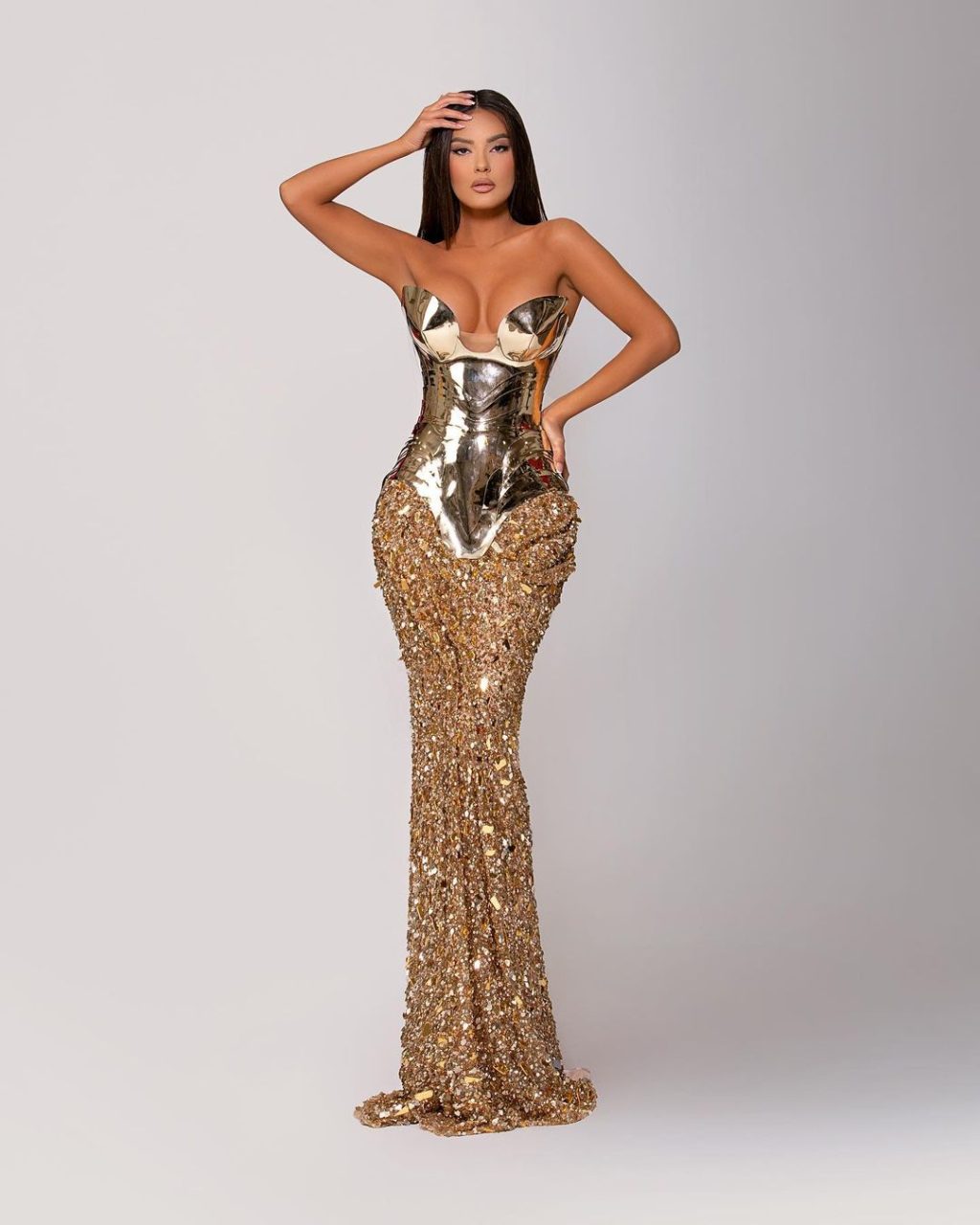 Strapless Embellished Dress with Metallic Gold Corset