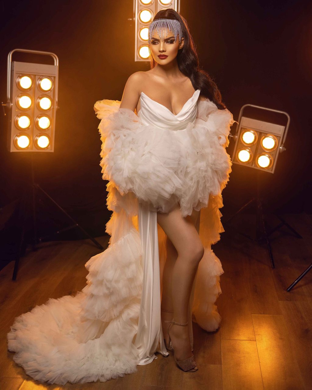 White Cape Strapless Satin Dress