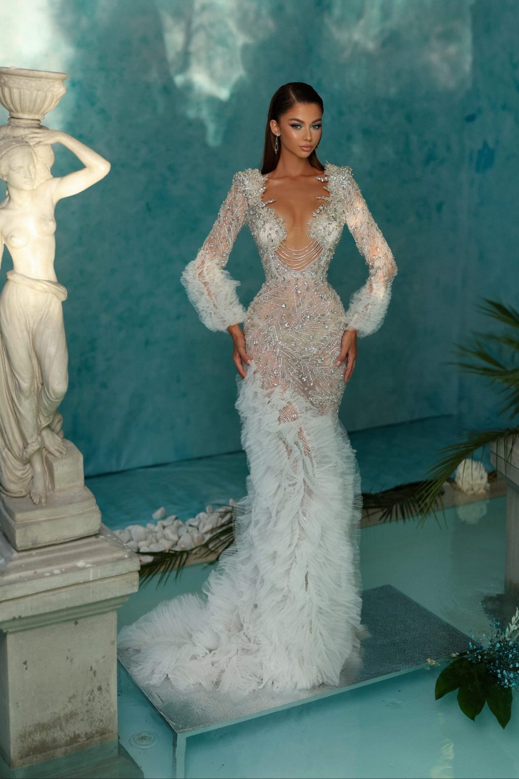 Rhinestone Embellished White Dress with Layered Tulle Train