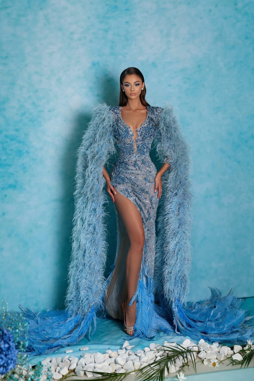Side Slit Blue Embellished Dress with Cape Feathered Sleeves