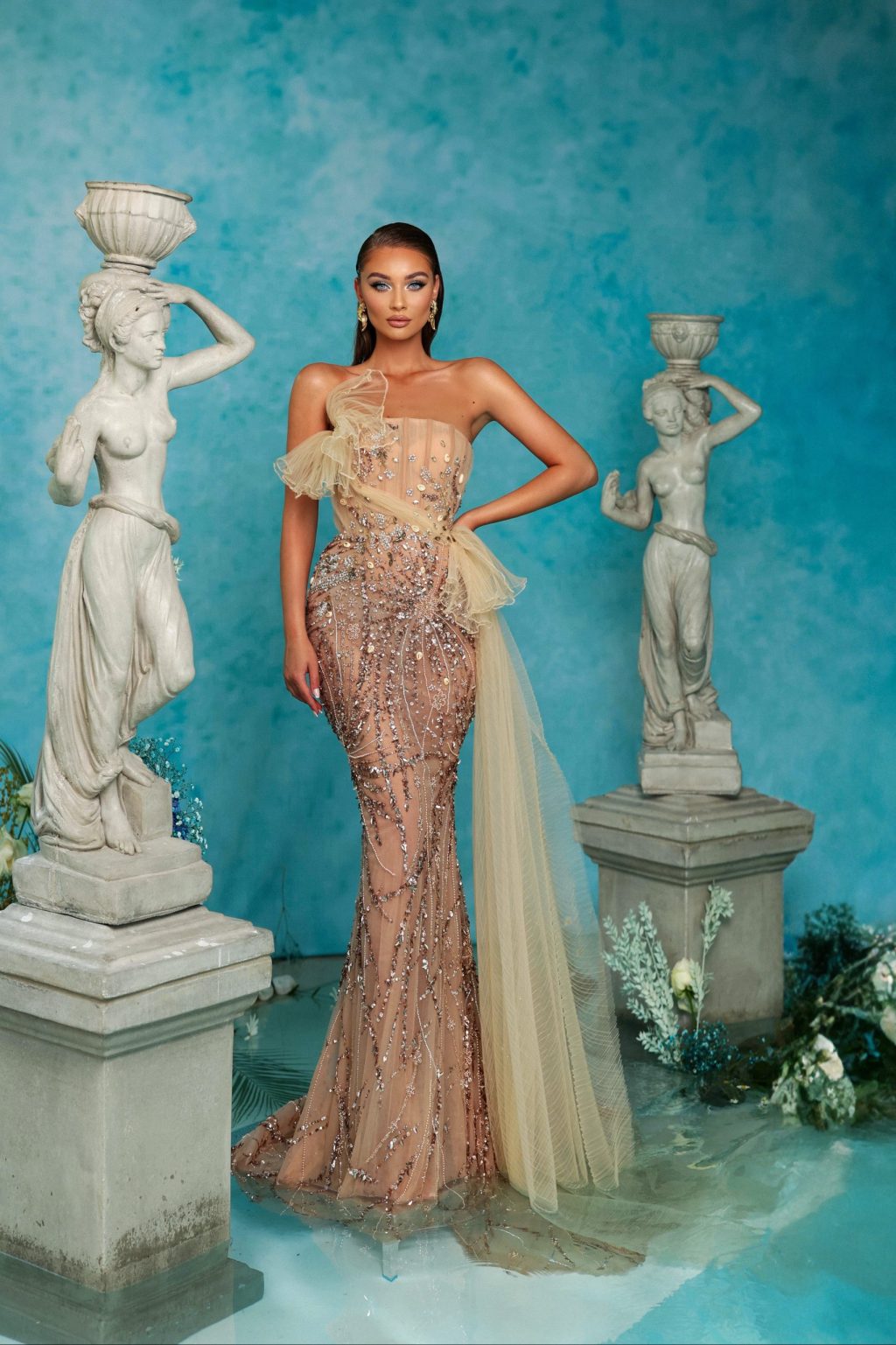 Strapless Beige Sequin Dress with Side Tulle Tail