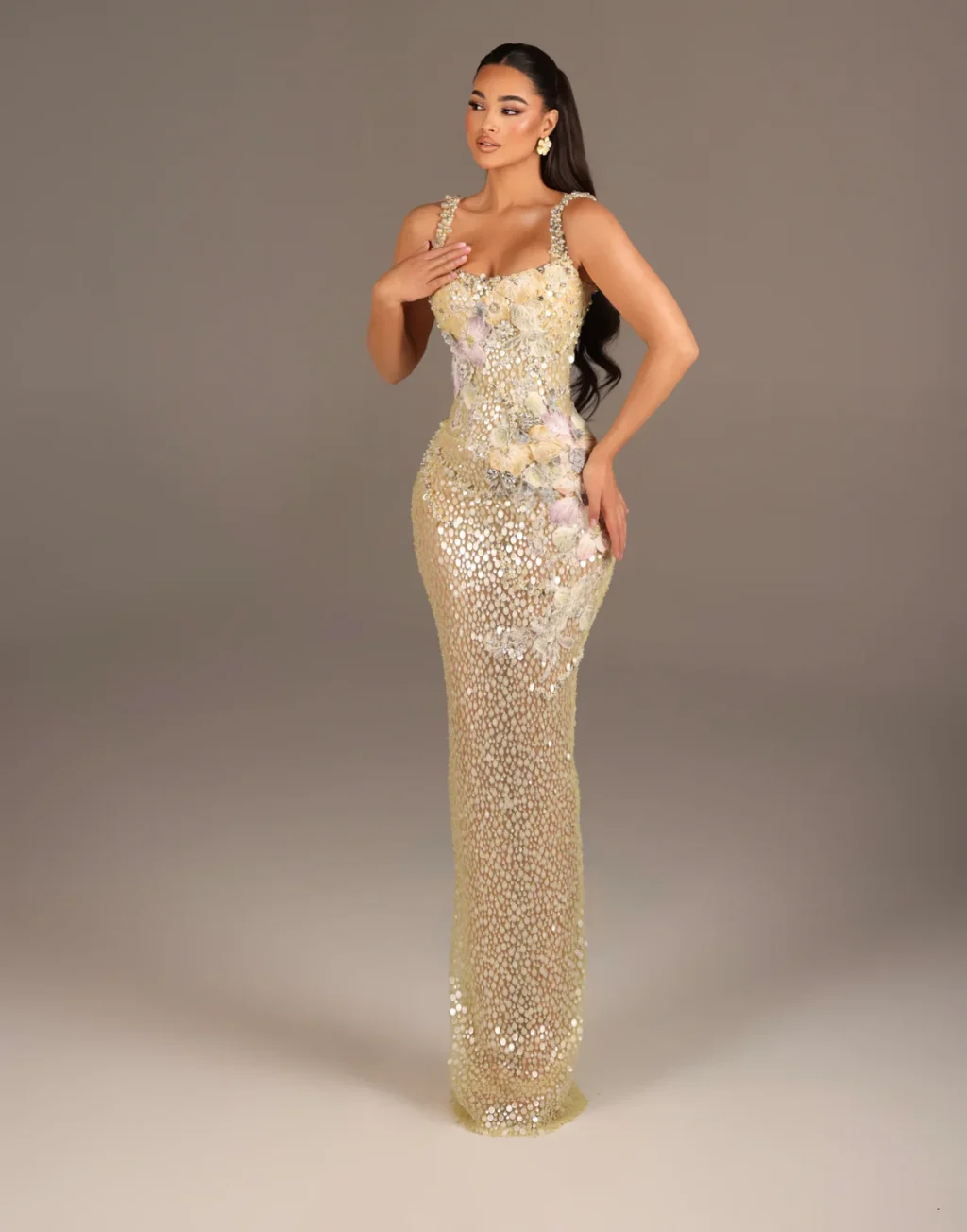 Almira - Embellished Gown with Floral Appliqué and Straps